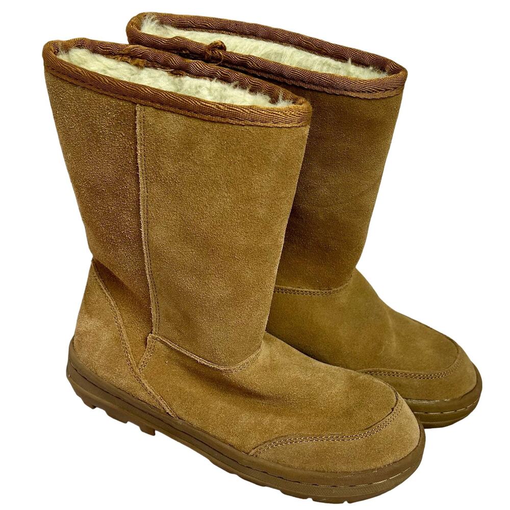 Bass Suede Shearling Lined Mid Calf Boots Brown Tan Lug Sole Size fall winter 6